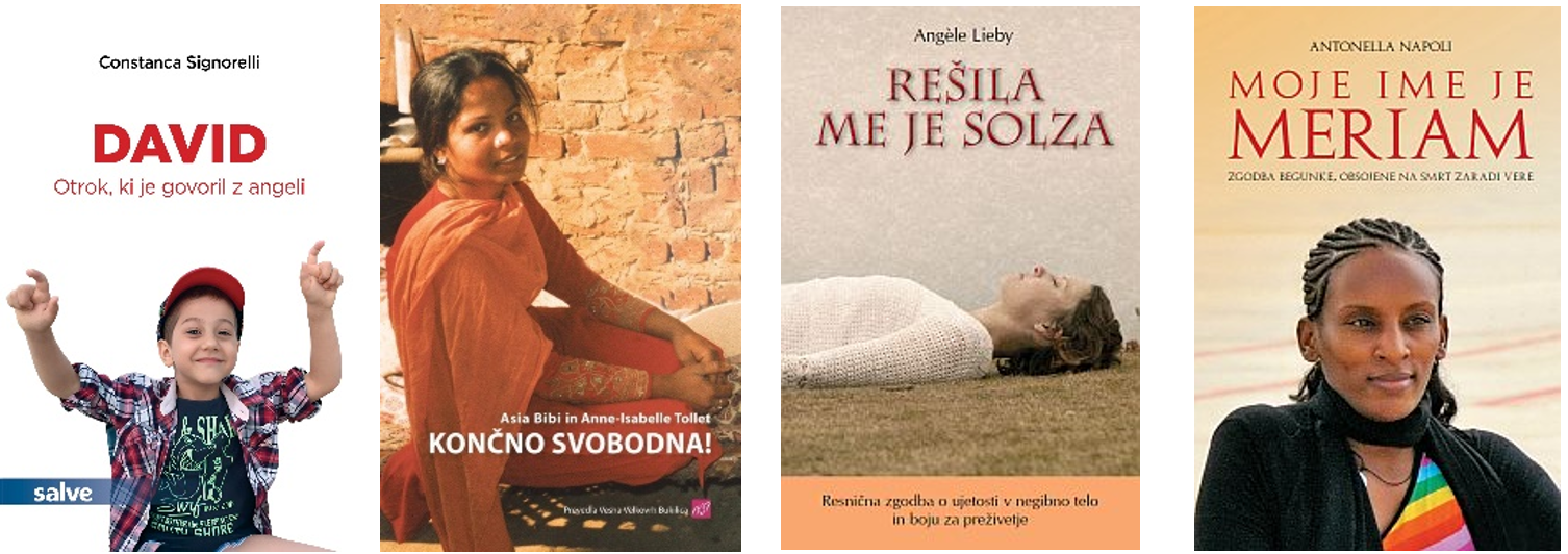 Naslovnice knjig z naslovom David, Končno svobodna, Rešila me je solza in Moje ime je Meriam